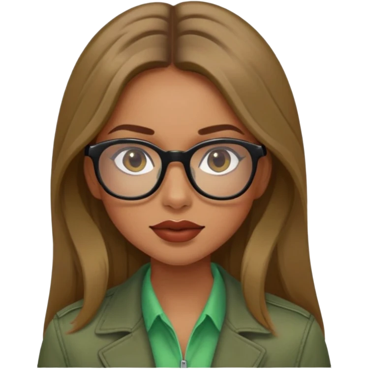 a girl with dark blonde hair, long hair, brown eyes, long lashes, a little bit tanned skin, big and reddish mouth, wearing a black thin glasses, a green shirt and a brown jacket  emoji