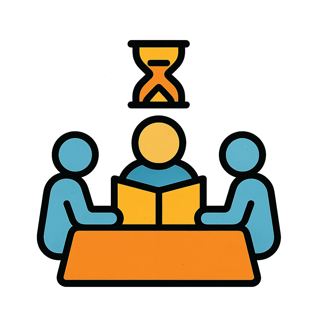 minimalist icon of players and a game master collaborating around a table or DM screen, with a clock or hourglass representing a multi-day marathon, worn and distressed look emoji