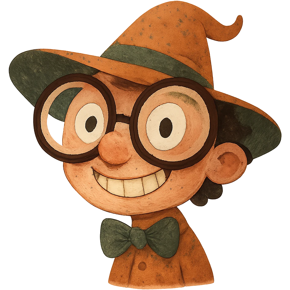 whimsical character with oversized glasses and a hat emoji