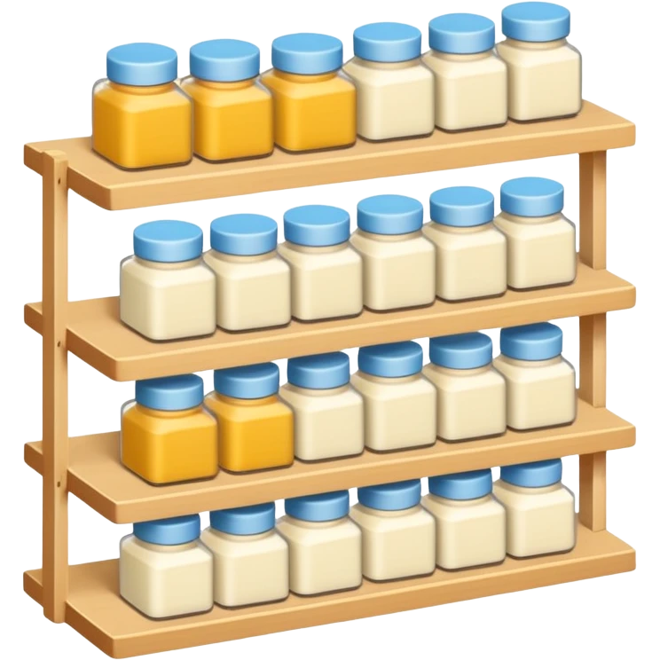 Japanese brand creams displayed on a storage shelf, arranged with horizontal variation and vertical consistency, with identical items placed directly behind one another. emoji