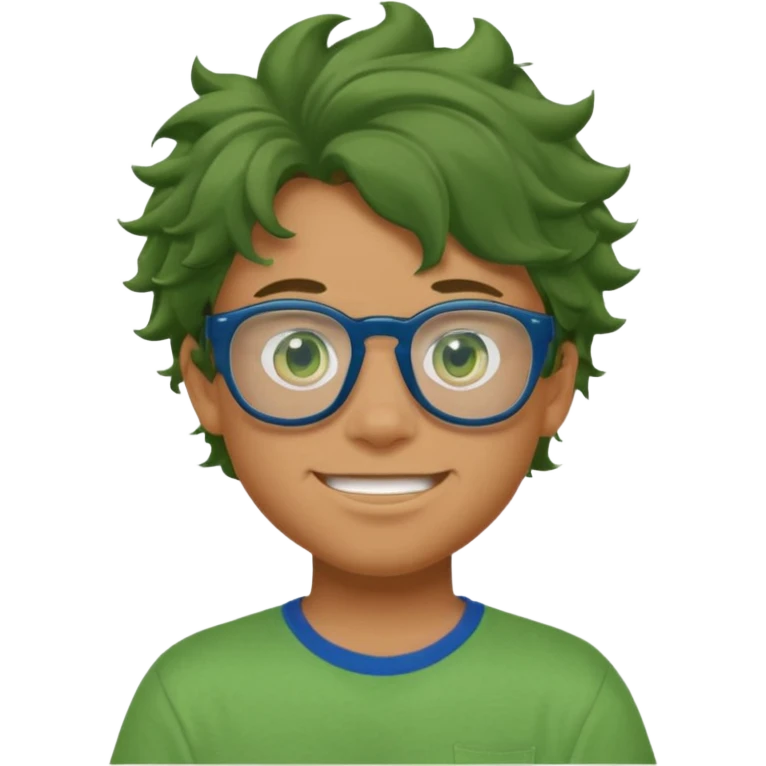 A teenage boy, tanned with glasses, wearing a green t-shirt , blue jeans and green sneakers with brown wavy tousled hair, smirking, wearing a green face mask emoji