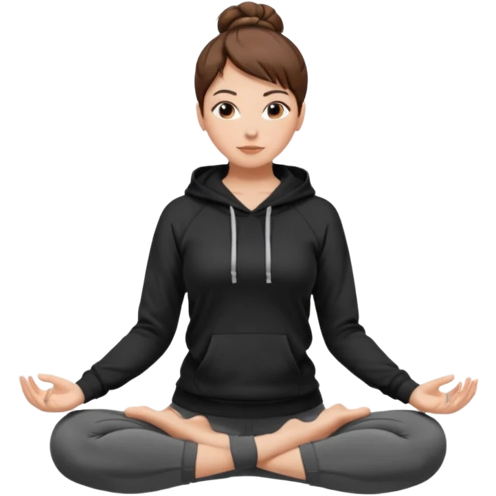 Girl w short brown hair up in a bun yoga pants and black hoodie  emoji