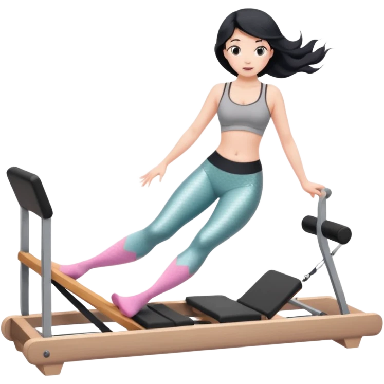 Create a Pilates emoji: a girl with fair skin and black hair, wearing a grey bra and grey leggings with pink pilates socks, doing  mermaid on a wooden reformer. Make it look at the reformer. Make the colors neutrals. emoji