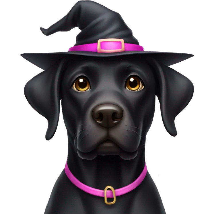 Black Labrador wearing black and pink witch hat emoji