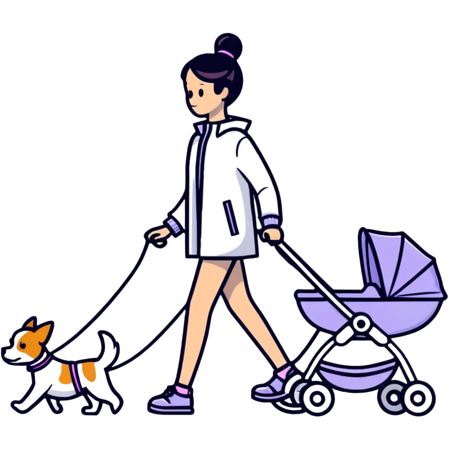 girl walking with a stroller and dog on a leash, bold lines emoji