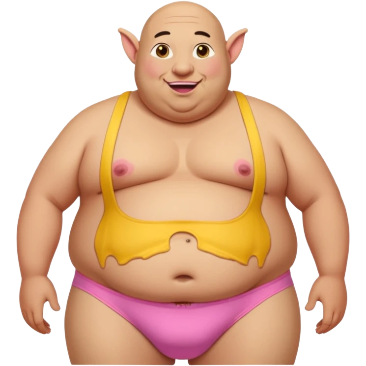 Old really fat and bald. This huge belly and really round pink nipples. has big ears and 2 long beaver like big yellow brown buck teeth. he has white saggy underwear with holes and yellow pee stains in front of underwear.   emoji