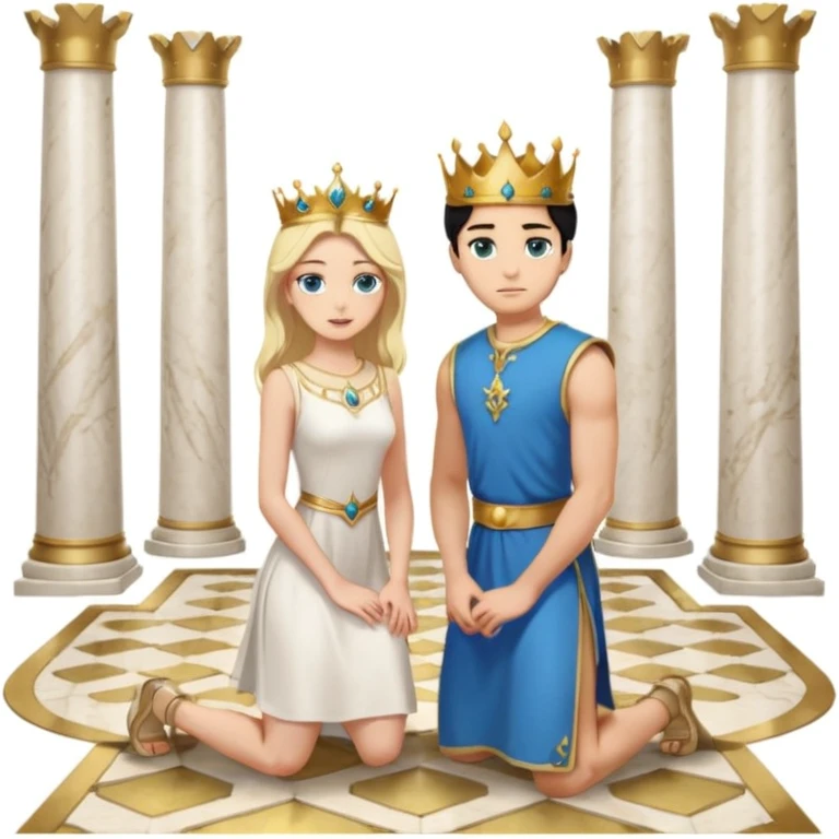 Man as king, standing, black Hair, blue eyes, woman, blonde, green eyes, shott white sleveless Dress, kneeling, background palace emoji