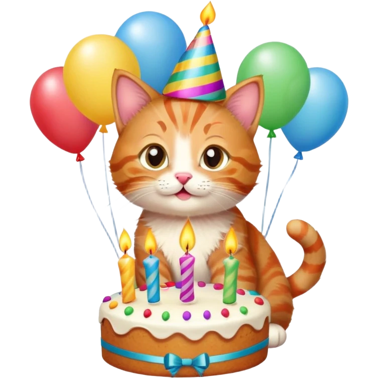 Ginger tabby kitten celebrates birthday, birthday hat, birthday cake, one candle, balloons, happy, gifts emoji