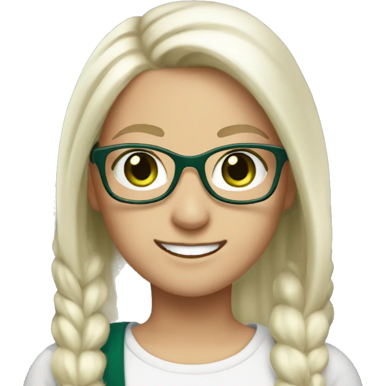 white female, long white hair with pony tail and glasses, dark green eyes, and smile emoji