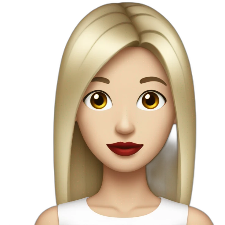 straight hair,red lipstick,black eyes, white skin and a small nose emoji