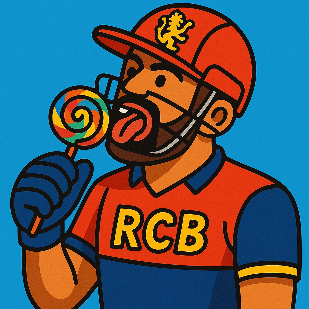 RCB cricket player eating a lollipop, vibrant cartoon style emoji