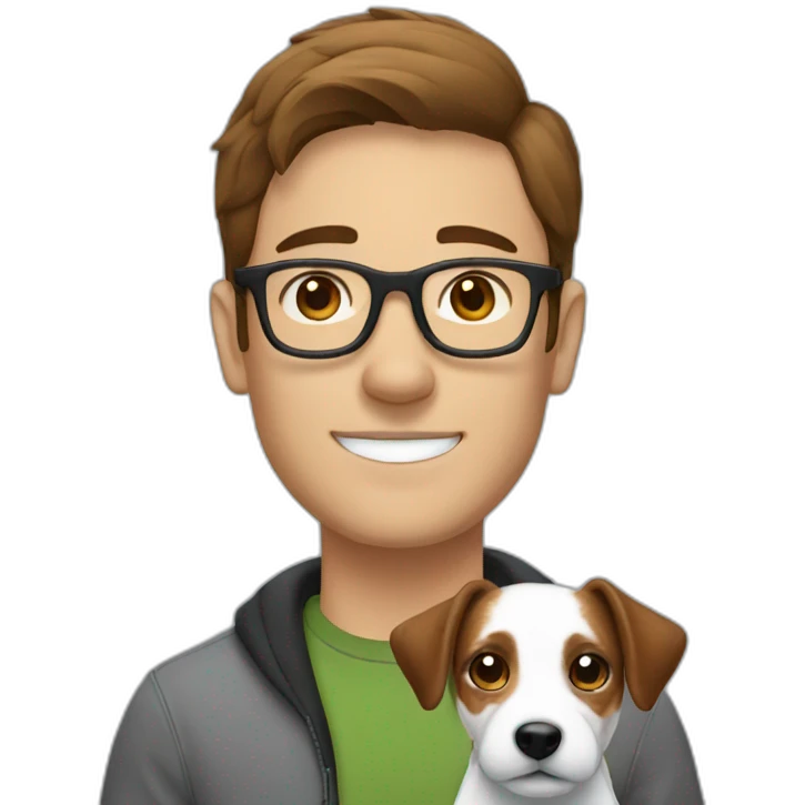 Man with brown hair with glasses with jack russell terrier dog emoji