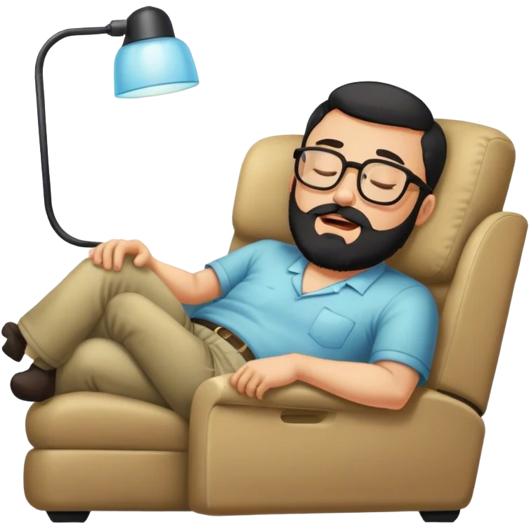 Guy with glasses and black beard sleeping on recliner and drooling  emoji