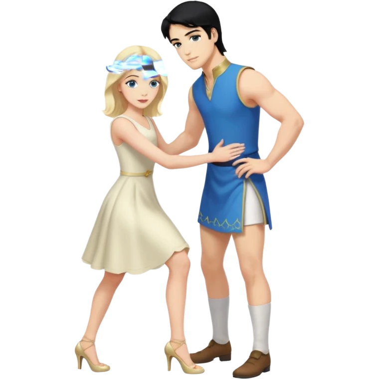 prince, upright, black Hair, blue eyes, Woman, blonde Hair, Green eyes, bending knee, sleveless White Dress, emoji