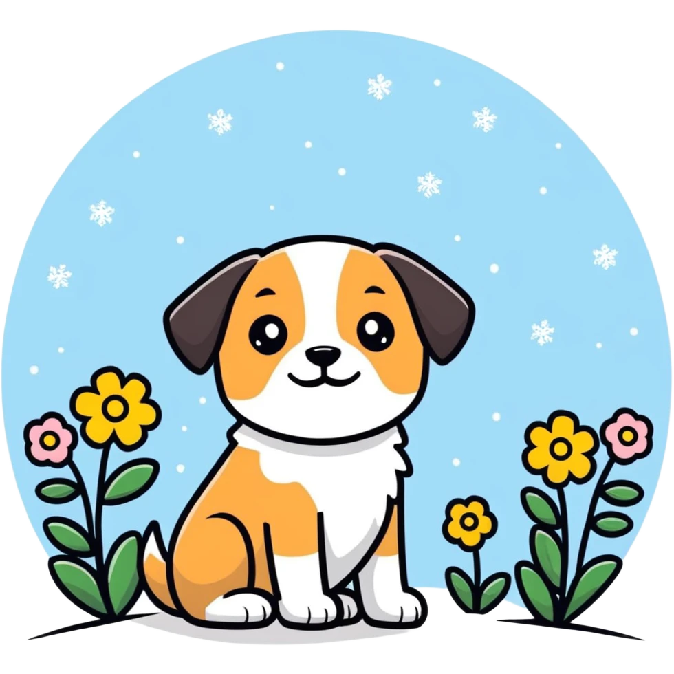 Cute dog with flowers and snow on the back. emoji