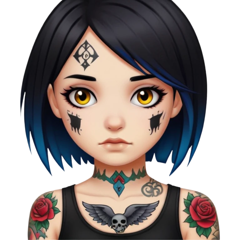 Emo Girl with dark hair and bright skin, some tattoo emoji