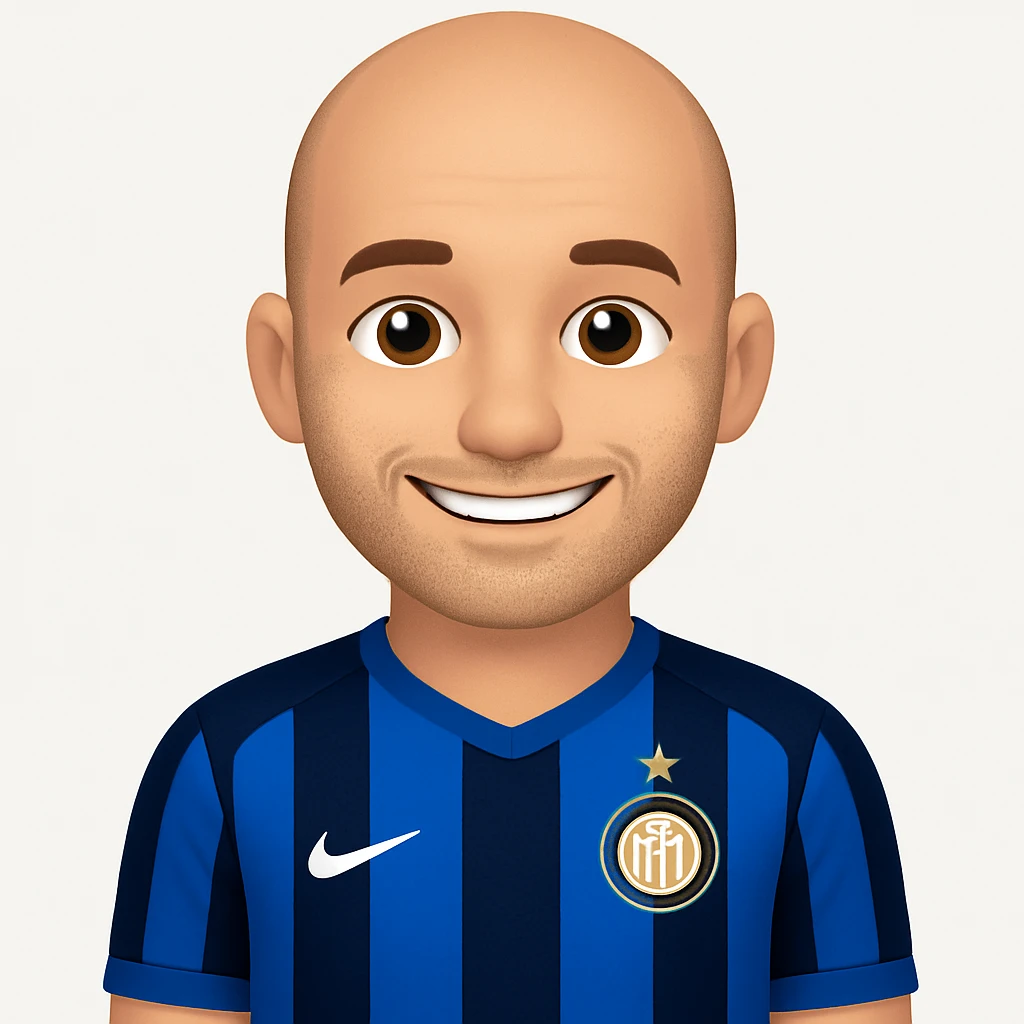 Create an image of Wesley Sneijder in an Inter Milan shirt, bald with visible stubble, smiling, in the style of apple emojis. The style should mimic the apple emoji look with smooth, simple, and colorful features. emoji