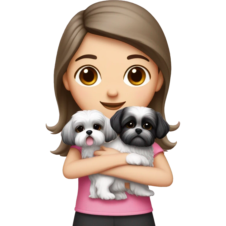 A girl with dark blond hair and white tone skin, wears pink top and hugs two black and white shih tzu one girl with pink bows and one boy emoji
