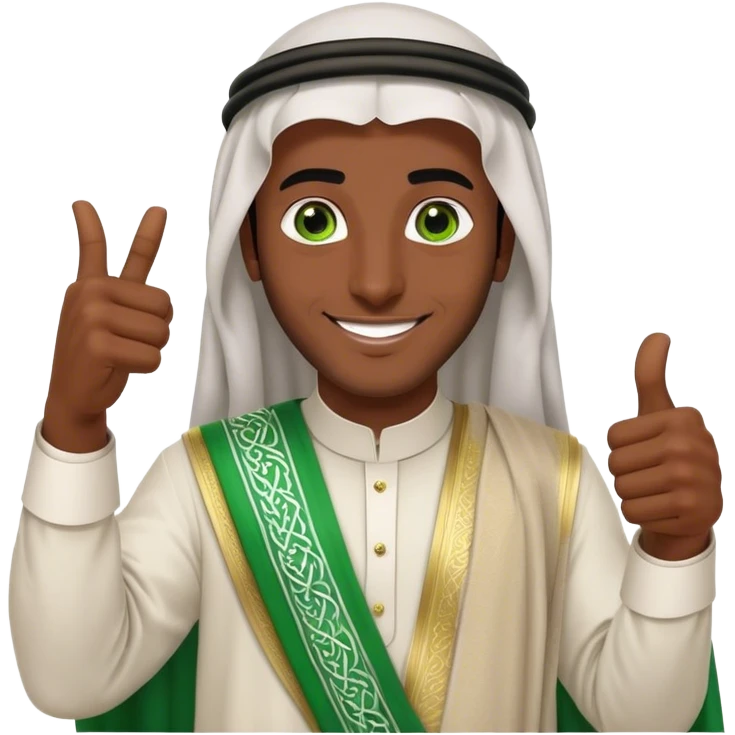 Dark-skinned Arab Saudi man with green eyes, wearing an agal and traditional attire, smiling happily and giving a big thumbs-up emoji