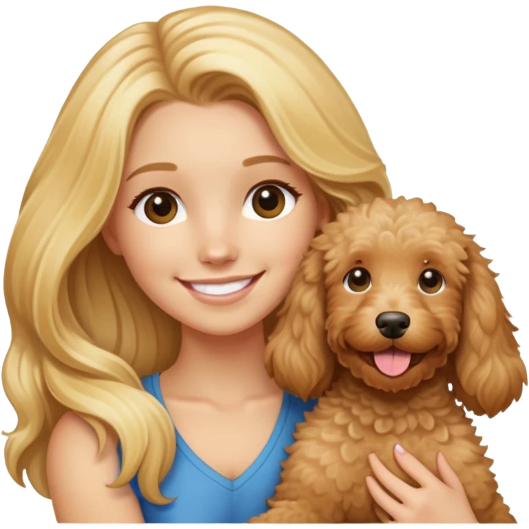 blonde girl with long hair smiling and holding a tan goldendoodle emoji