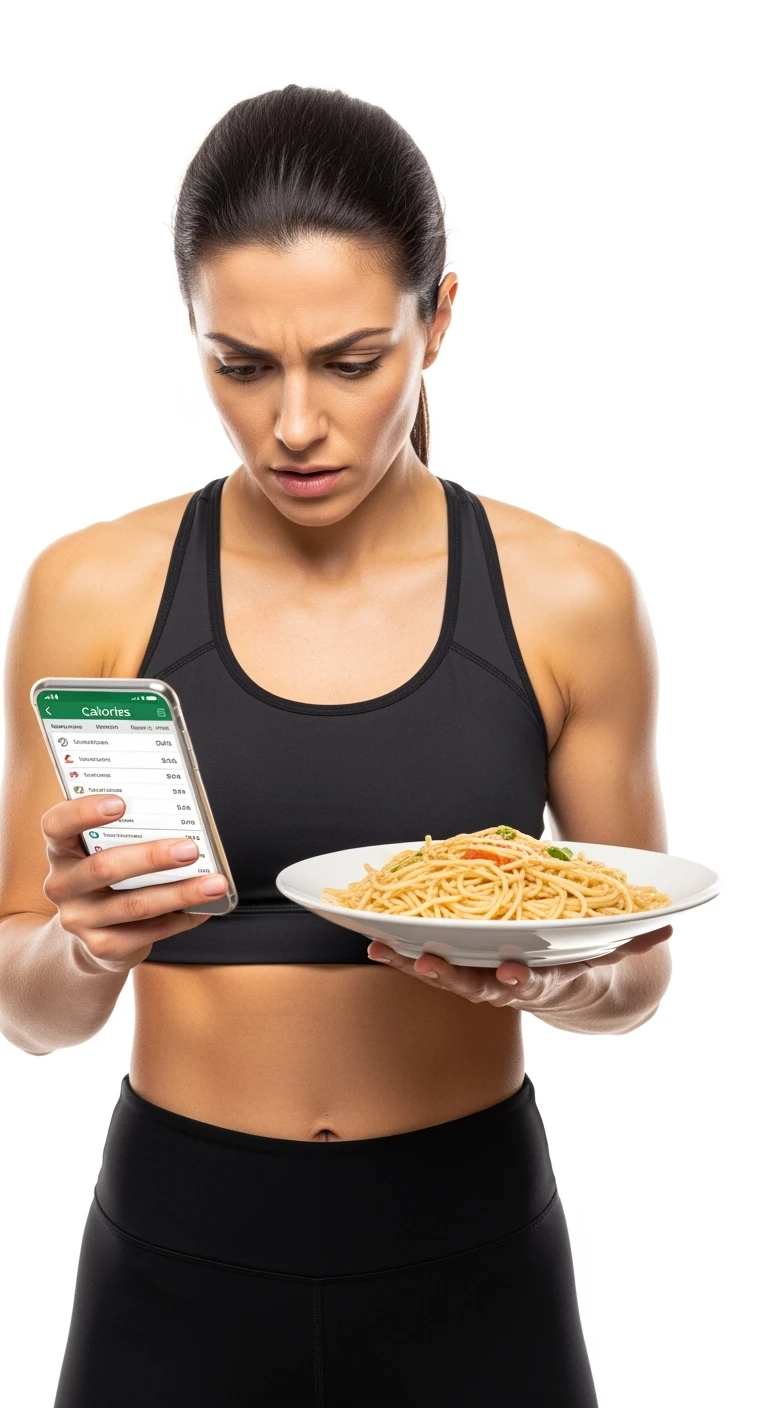 donna fitness che calcola ossessivamente le calorie di quello che sta mangiando: in mano ha un piatto di pasta e nell'altra mano ha lo smartphone per segnare tutti gli alimenti, sfondo bianco emoji