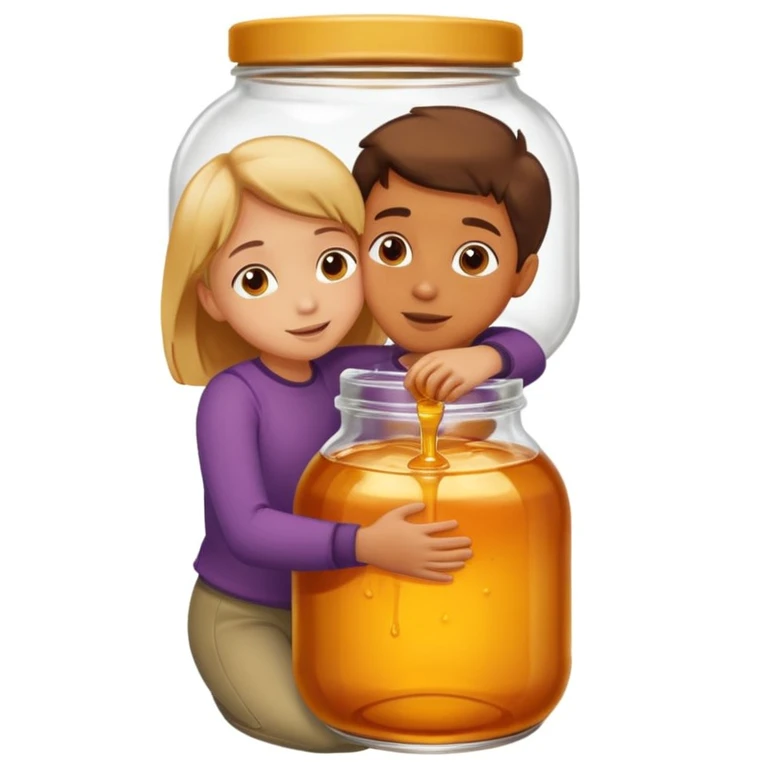 A boy and a girl inside a jar of honey hugging and kissing emoji
