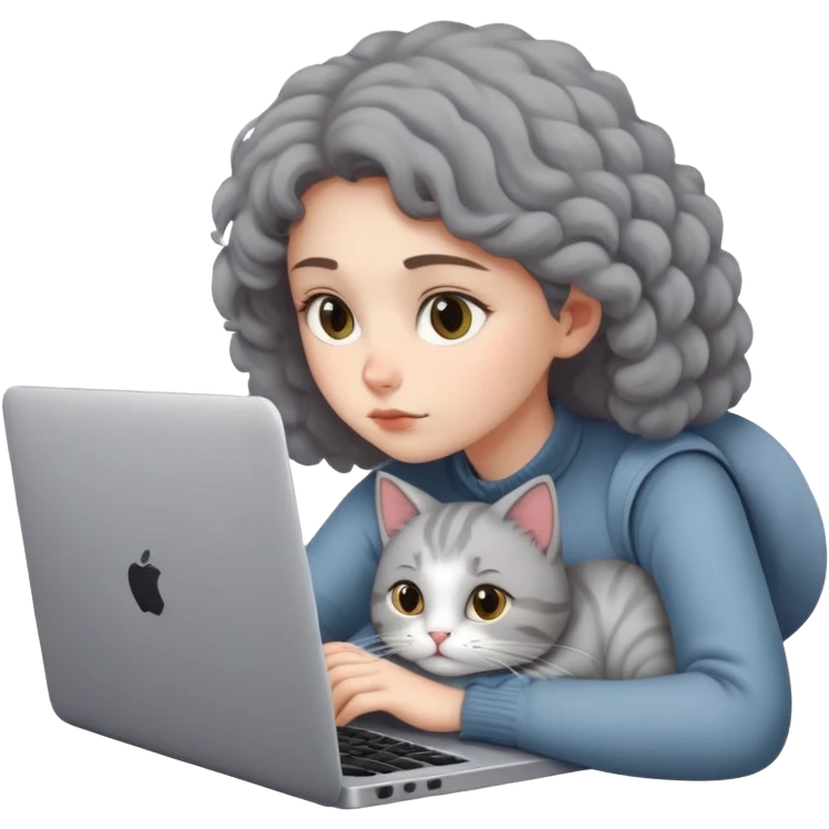 A girl is working hard on a laptop with a cat next to it emoji