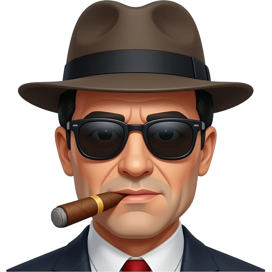fthe goffather with cigar emoji, face closeup, sunglasses, black hair, hat emoji