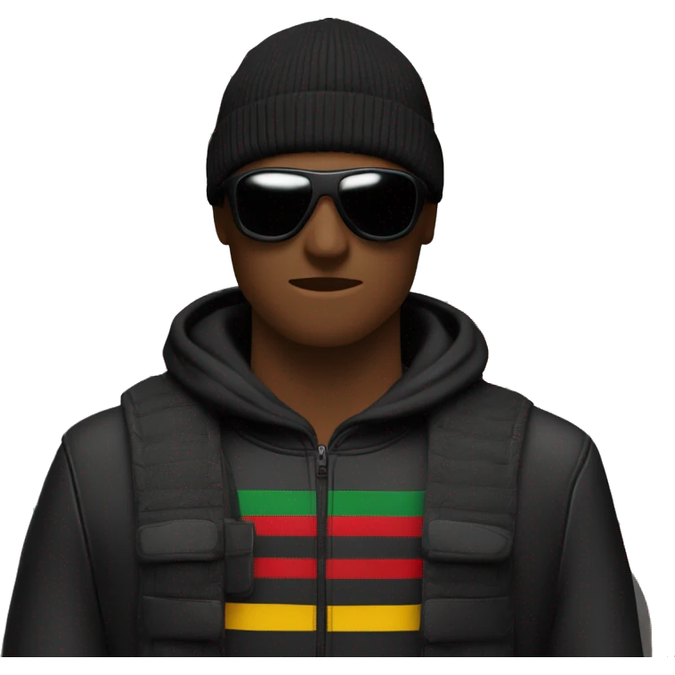 Generate ma a german roadmenwith a gucci bag an fullblack outfit and a ski mask standing emoji