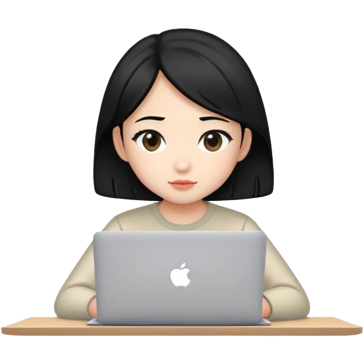 Asian girl with black hair sitting and watching a MacBook laptop emoji