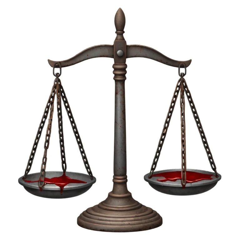 broken scale of justice emoji, one side hanging lower, cracked base, blood stains on aged, scratched, slightly rusty metal, lit from side with cold white light, dark smoky background evoking injustice and corruption, true crime symbolism, serious and unsettling atmosphere emoji