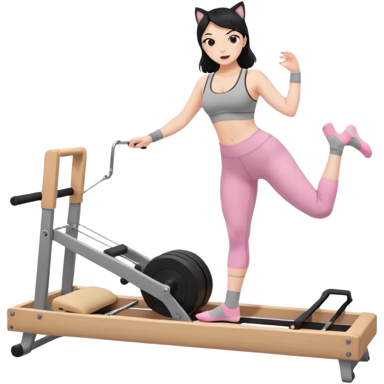 Create a Pilates emoji: a girl with fair skin and black hair, wearing a grey bra and grey leggings with pink pilates socks, doing cat-cow on a wooden reformer. Make it look at the reformer. Make the colors neutrals. emoji