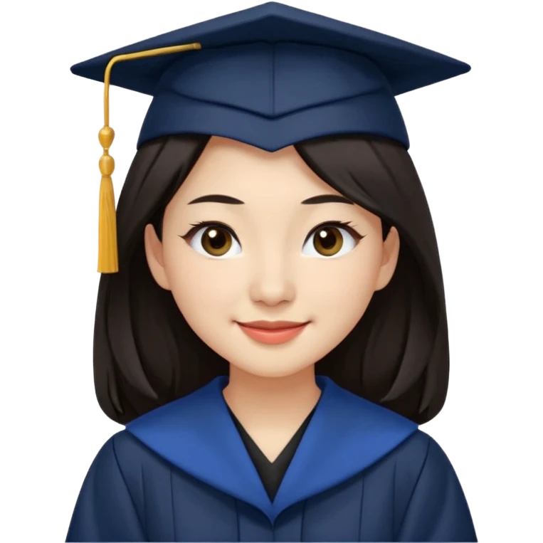 带着学士帽的，深棕色长发，黄种偏白皮肤的，高鼻梁，不戴眼镜的女博士生，在单只眼眨眼并开朗的笑，年龄26岁，学士服全身深蓝色短绒质地，但是黑领子， emoji