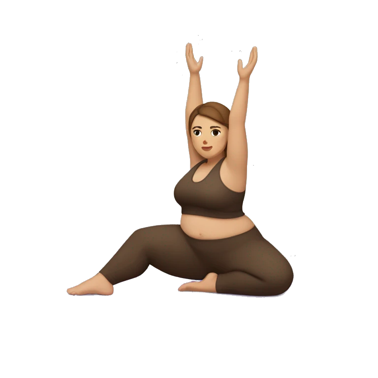 A plus size woman in a full body yoga pose. She has light skin, brown straight hair, and brown eyes.  emoji