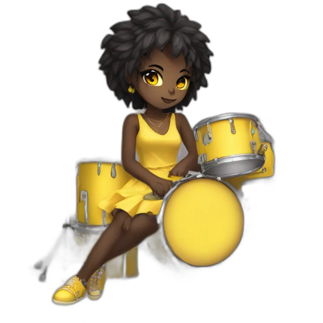 cute punk girl in yellow dress dark skin with yellow eyes and dark curvy hairs drummer anime style emoji