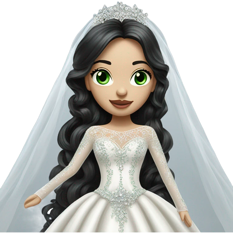 Hyper Realistic ornate ballgown long sleeve Wedding dress with diamanté on Russian bride with pale skin and green eyes and long black hair with veil and diamond jewelry hyper realistic  emoji
