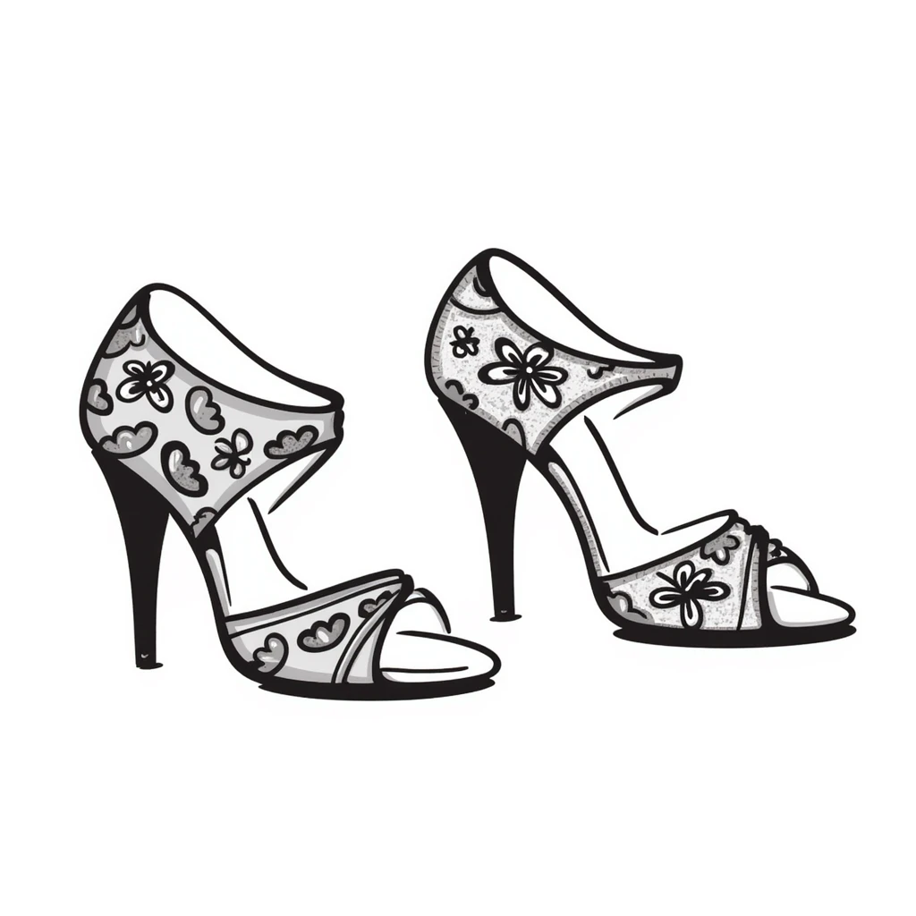 a pair of women's high heel shoes with elegant details, pastel colors dd9fb0, ffc6d3, a3bfc9, c4bee2, f1b091, detailed hand-drawn doodle style emoji