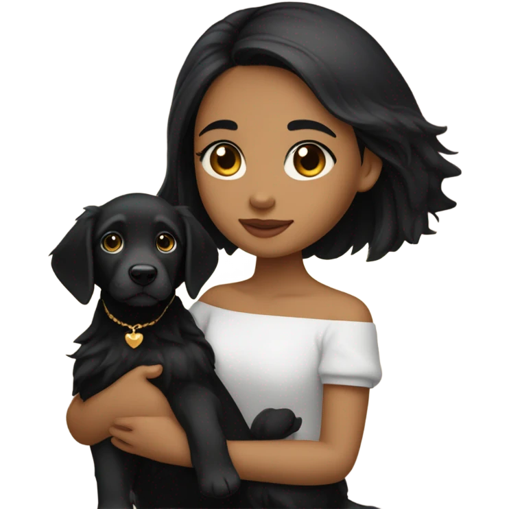 girl with a porcelain fair skin and long straight black hair with a small face wearing an off shoulder black shirt, while holding her golden retriever puppy  emoji