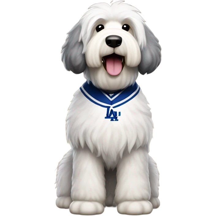 Old English Sheepdog full height wearing a dodgers jersey emoji