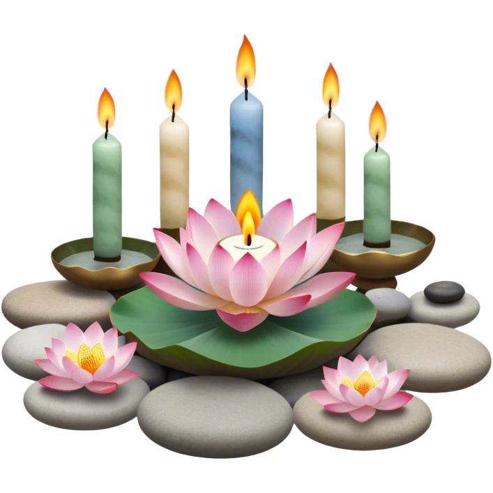 A photorealistic icon featuring lotus flowers, burning incense sticks with smoke rising, smooth round sea stones, and multiple small round candles arranged in a calming, tranquil setting. Soft, peaceful colors with detailed textures that evoke mindfulness and inner peace. Transparent background emoji