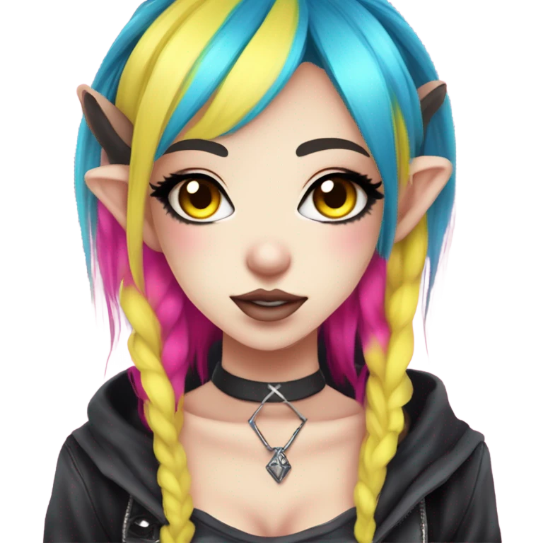 Blue eyed pale hime gyaru girl, hot pink and yellow split-dyed hair, nose ring, elf ears, dark makeup, punk clothes emoji