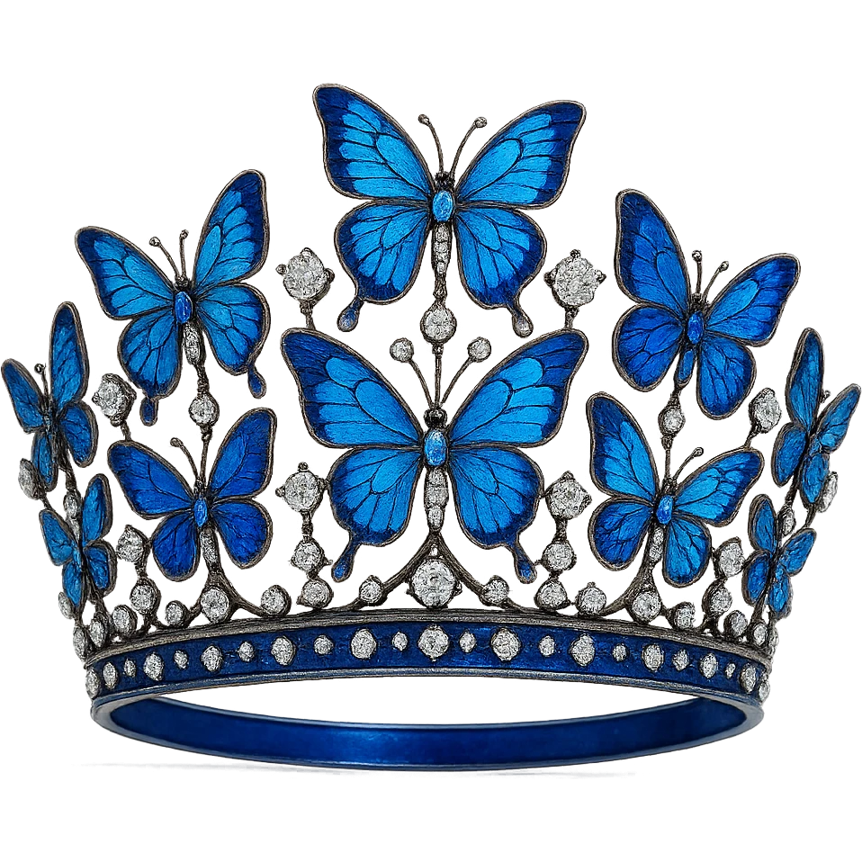 butterfly crown with a sapphire blue base, butterflies in light and dark blue enamel, sparkling gems emoji