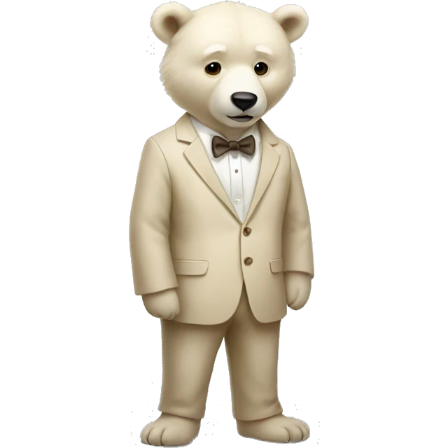 A full-length white bear cub in a beige suit and beige bow tie emoji