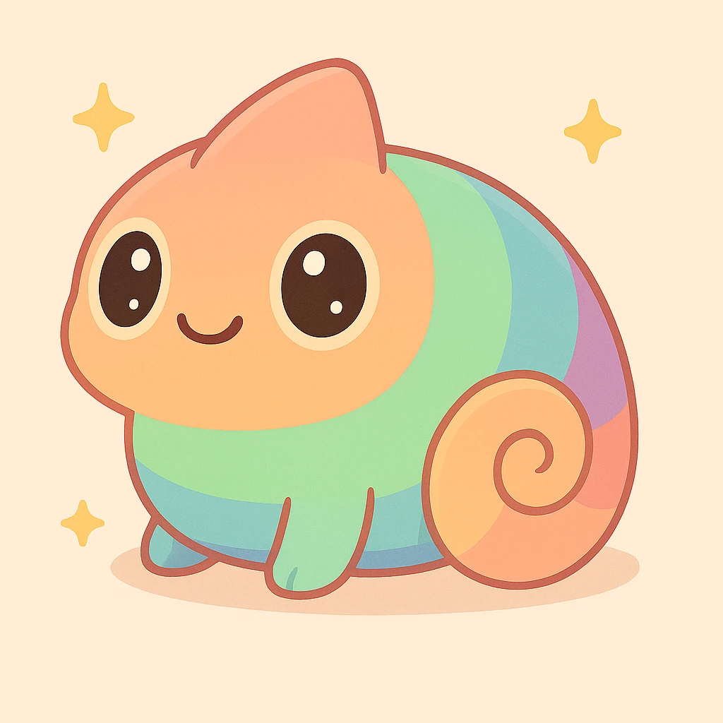 Make the rainbow chameleon more detailed with subtle highlights and shadows, keeping the cute and round style and vibrant colors. Enhance the cuteness with gentle shading and highlights for depth. emoji