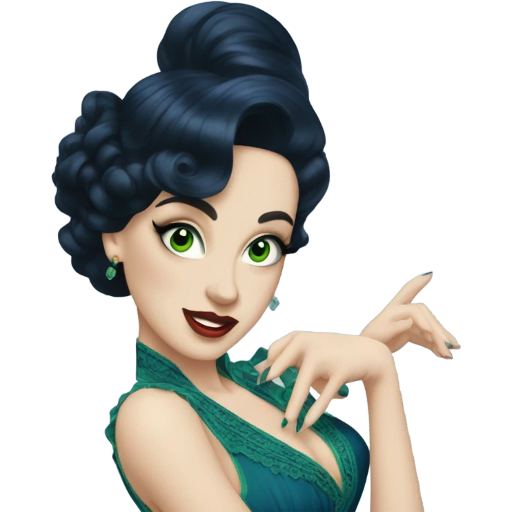 Burlesque dancer wearing blue with black hair, pale skin, and green eyes in a dark blue vintage costume dancing emoji