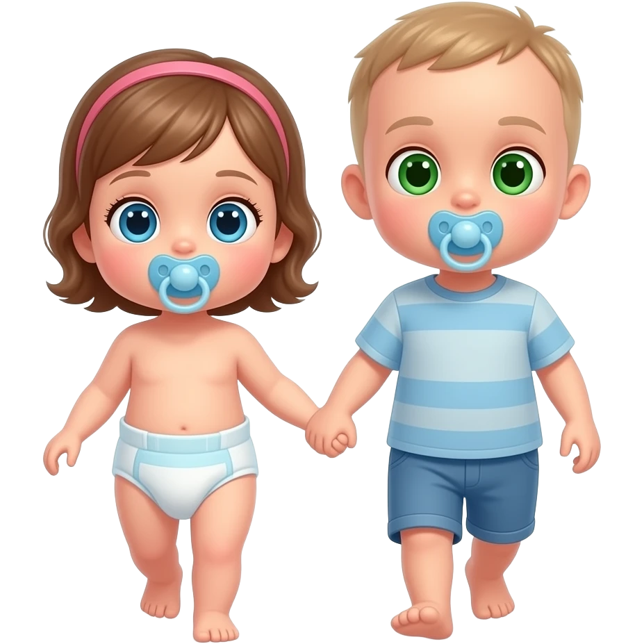 A blue-eyed baby girl and green-eyed baby boy walking and holding handsand wearing a cloth diaper sucking on pacifier emoji