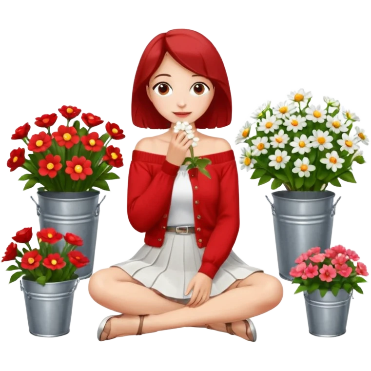a woman sitting on a tiled surface surrounded by various bouquets of flowers in metal buckets and glass vases. She is holding a single white flower up to her face, covering it playfully. She wears a red off-shoulder cardigan and a white skirt. emoji