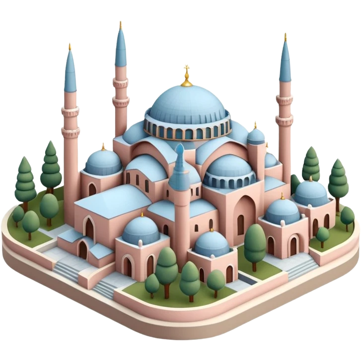 Isometric miniature of Istanbul, centered on Hagia Sophia with domes and minarets, surrounded by a few low-rise buildings and greenery, in pastel diorama style, soft shading. emoji