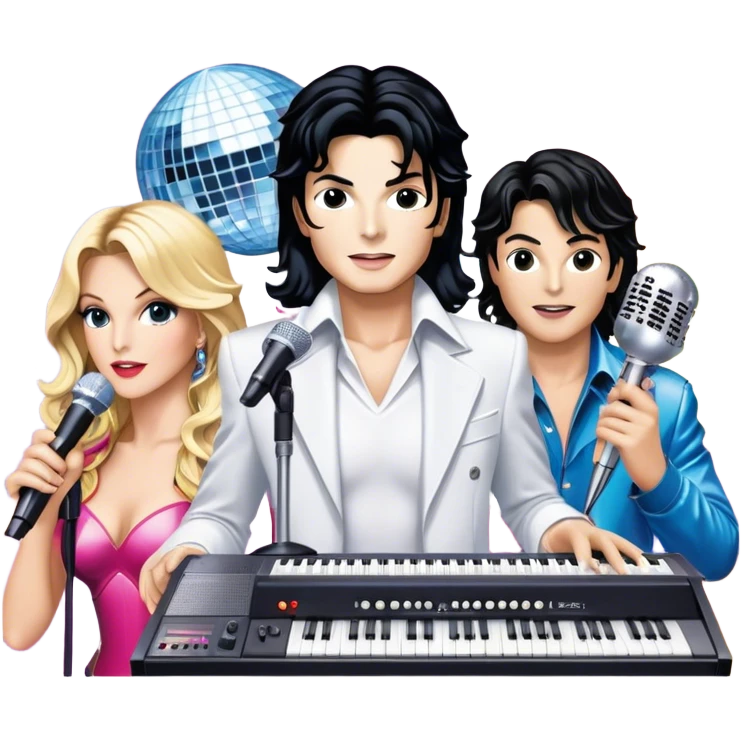 Pop music icon: vibrant stage with bright lights, microphone, synthesizer, disco ball. Collage of famous pop artists—Michael Jackson, Madonna, Britney Spears, and Taylor Swift—symbolizing iconic eras. Energetic and dynamic. Transparent background. emoji