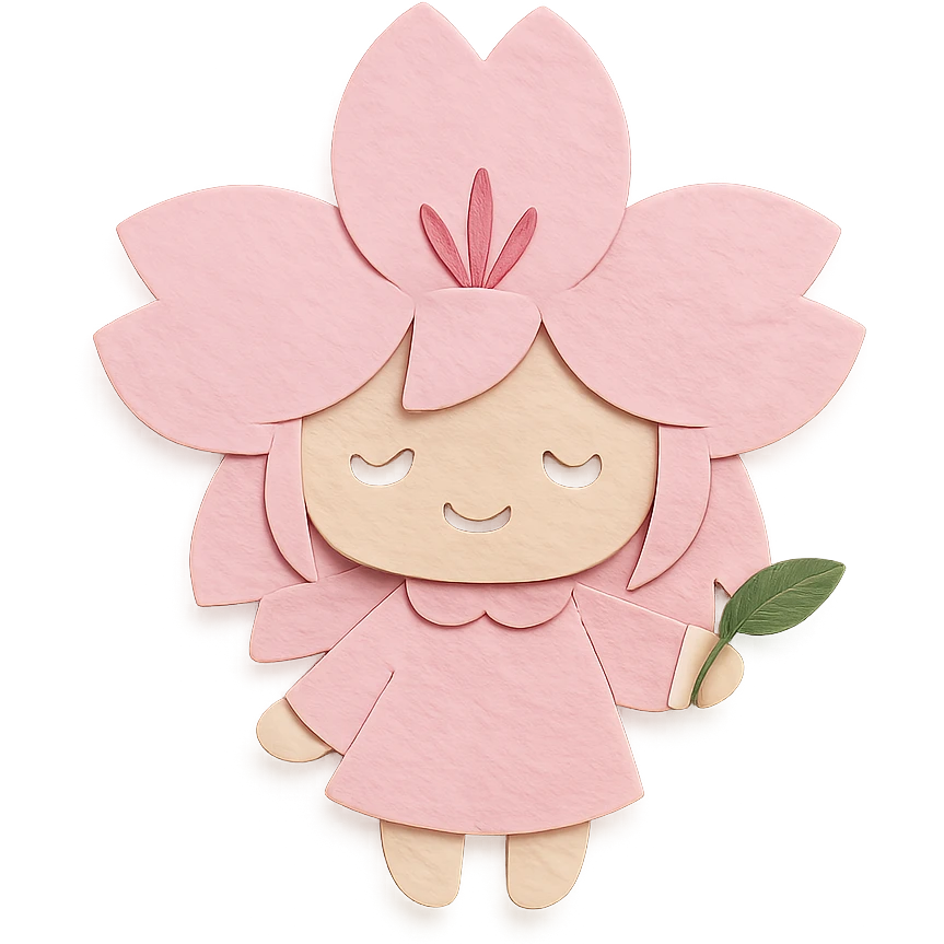 chibi sakura blossom, soft pastel colors, full-body, holding a tiny leaf, clean lines emoji